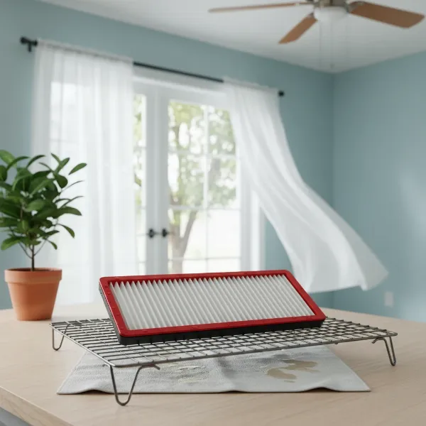 A reusable vacuum filter air-drying on a rack in a well-ventilated area.