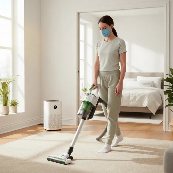 Woman using a HEPA vacuum in a clean home, demonstrating best practices for allergy management.