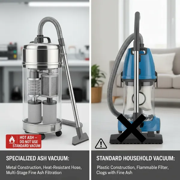 Side-by-side comparison of an ash vacuum and a regular household vacuum, highlighting specialized features.