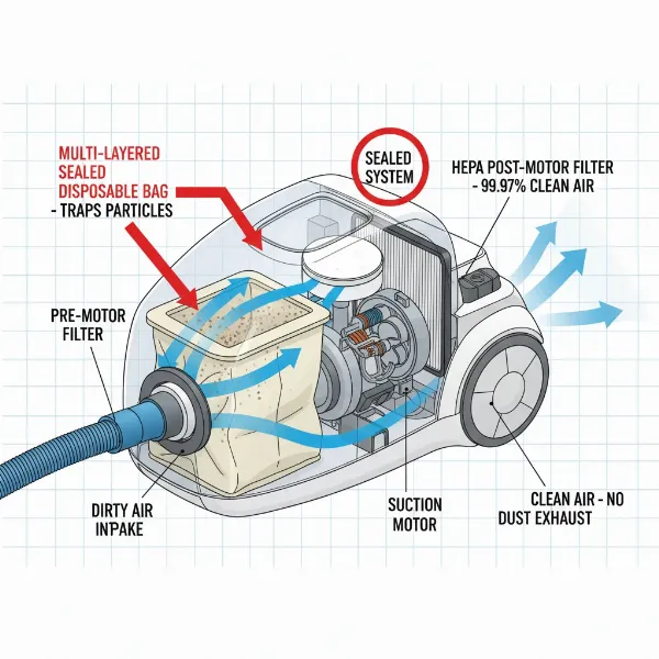 Diagram showing air flow, sealed bag, and HEPA filter in a bagged vacuum for allergy sufferers.