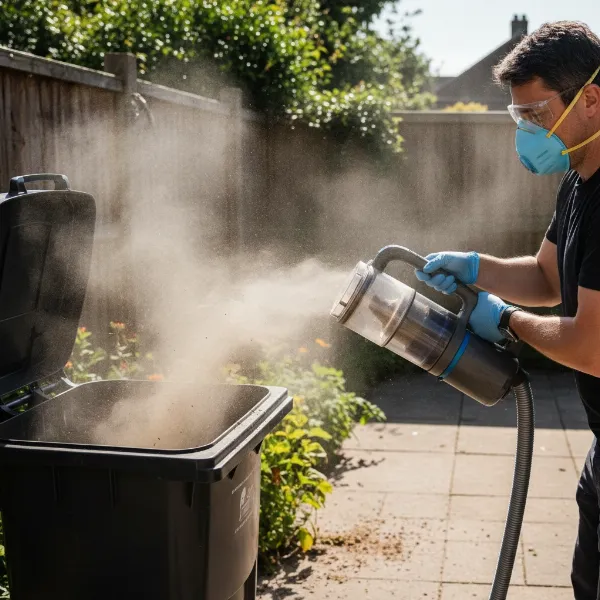 Person emptying a bagless vacuum dustbin outdoors, showing a visible cloud of dust and allergens.