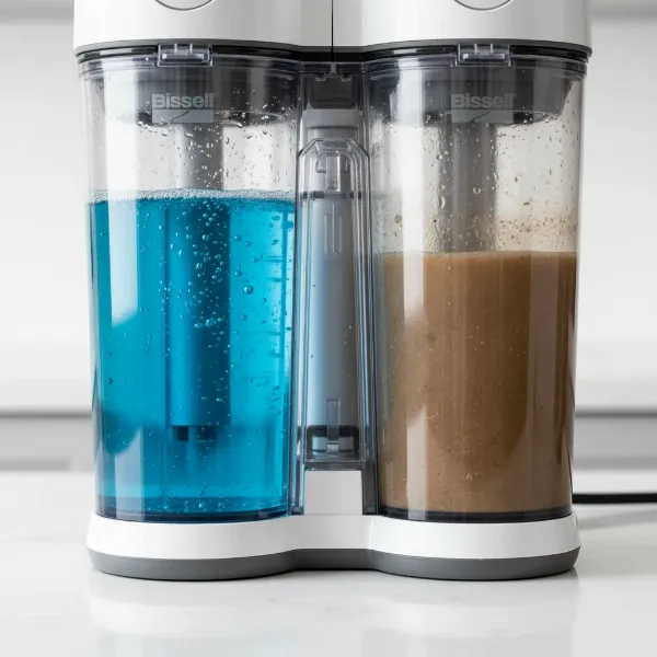 Close-up of Bissell CrossWave's two-tank system, showing clean and dirty water separation.