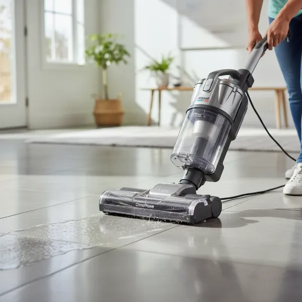 Bissell CrossWave wet-dry vacuum cleaning a hard floor, combining vacuuming and mopping.