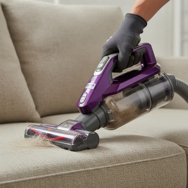 A person uses the Bissell Pet Hair Eraser Turbo Plus with specialized pet tools to clean dog hair from upholstery