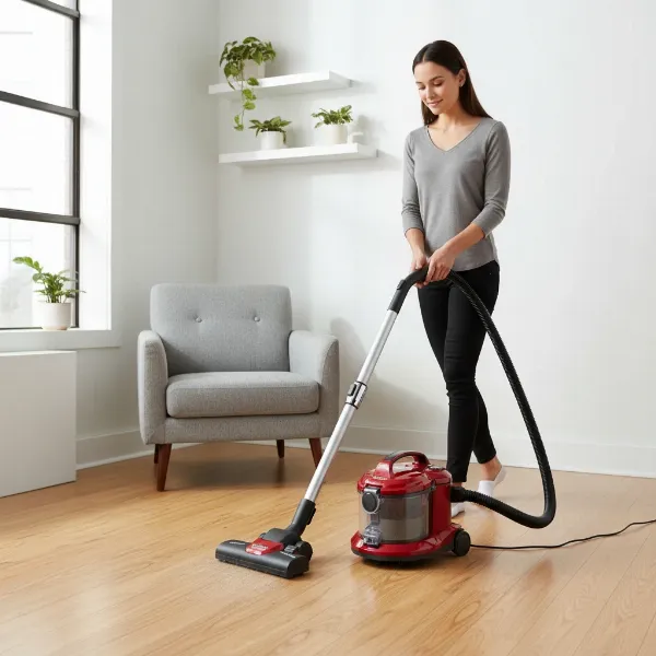A person maneuvering a Bissell Zing canister vacuum on a hard floor in a small apartment, highlighting its portability.