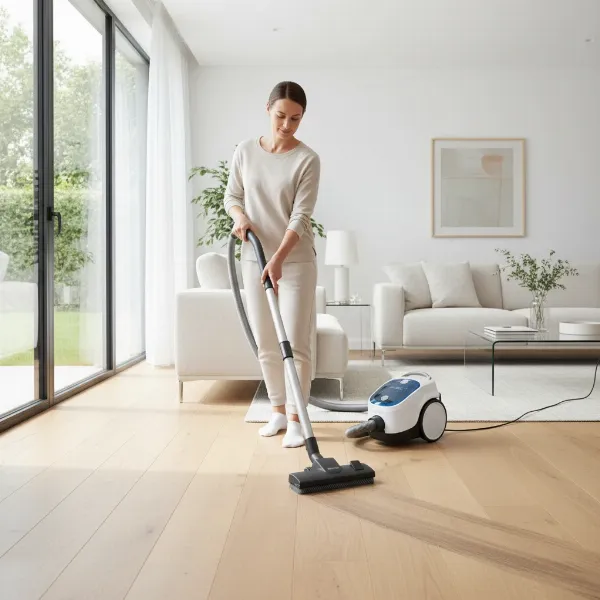 A person uses a canister vacuum cleaner to clean a hardwood floor, demonstrating its maneuverability.