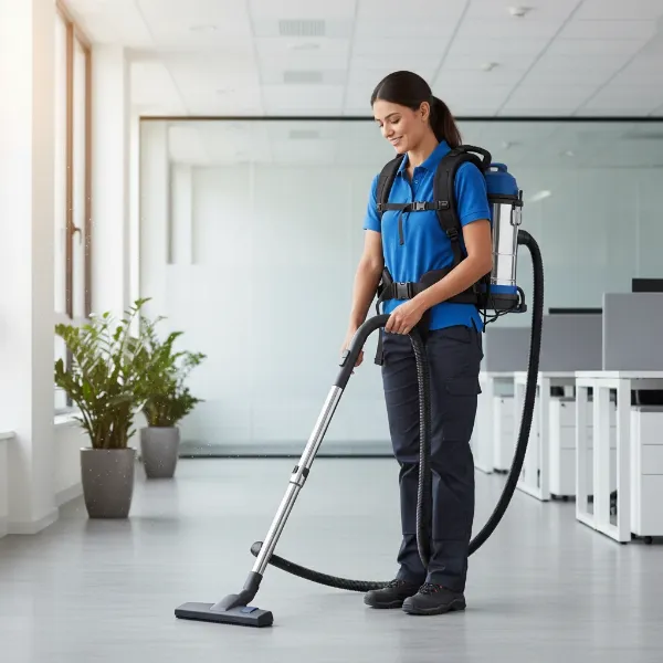 Cleaning professional comfortably using an ergonomic backpack vacuum, showing good posture.