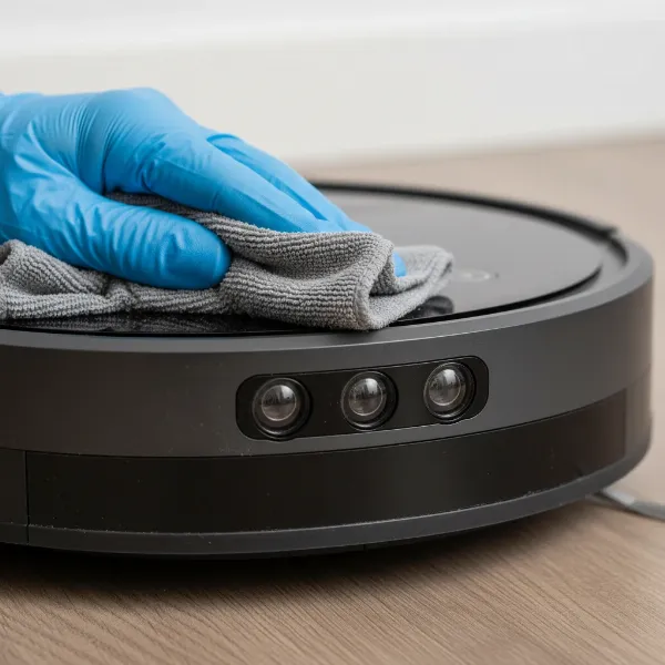 Hand cleaning optical sensors on a robot vacuum for better navigation and obstacle detection