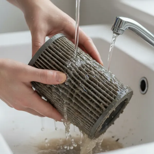 A hand rinsing a dirty reusable vacuum filter under running water to remove grime.