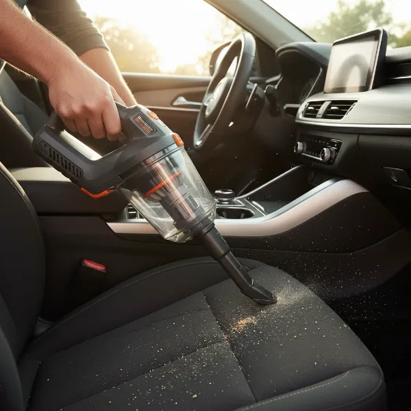 Person using a Black+Decker Dustbuster Advanced Clean for quick cleanup in a car interior