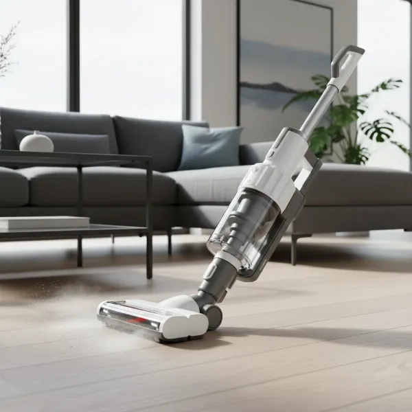 Lightweight cordless stick vacuum navigating around furniture and tight spaces.