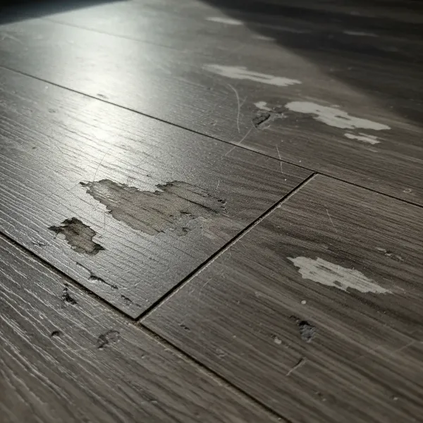 Close-up of scratched hardwood floor with dull areas and embedded dirt, showing damage from improper vacuuming.