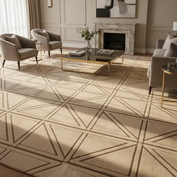 Carpet showcasing an intricate diagonal or triangular vacuum pattern, adding a decorative and artistic touch.