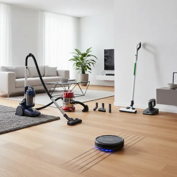 Different types of vacuum cleaners like upright, canister, stick, handheld, and robot models.
