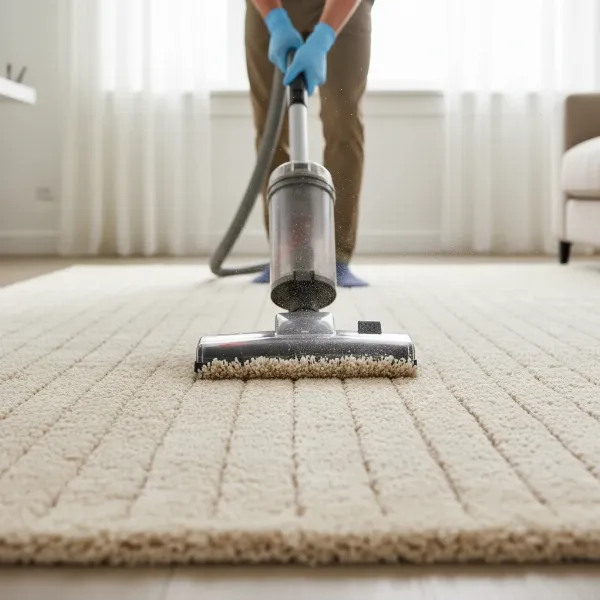Person vacuuming a dry carpet to restore pile and remove residual dirt particles.