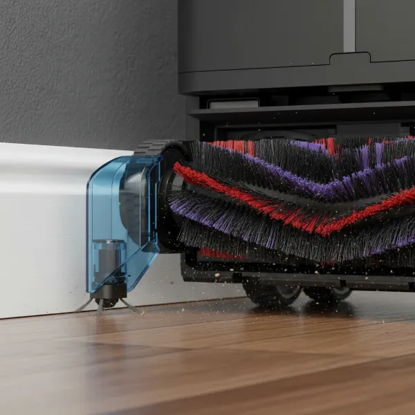 Close-up of Dyson 360 Vis Nav's triple-action brush bar and extending side duct for edge cleaning.