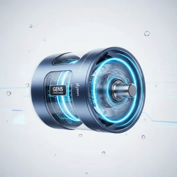 Close-up of Dyson Gen5detect's powerful Gen5 Hyperdymium motor, highlighting its advanced engineering.