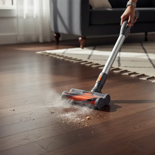 Dyson Omni-glide vacuum effortlessly cleaning fine dust and debris on a polished hard floor.
