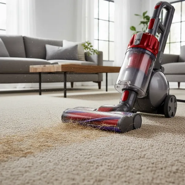 Dyson Ball Animal 3 vacuum effectively removing pet hair from a beige carpet.