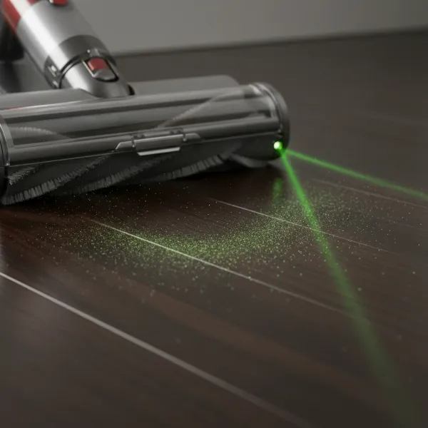 dyson v15 detect green laser illuminating microscopic dust on a dark hard floor