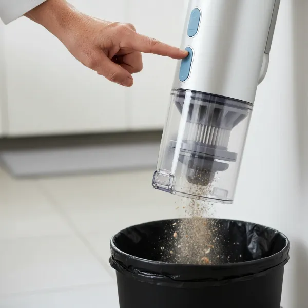 Hand easily emptying a lightweight stick vacuum dustbin over a trash can.
