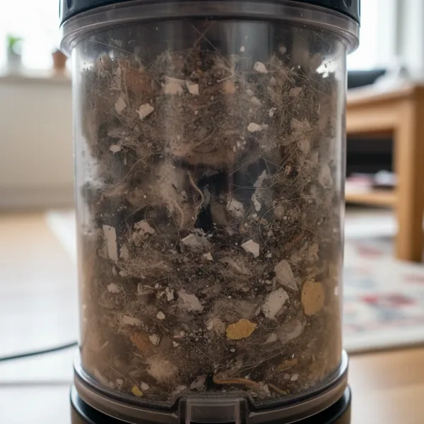 An overflowing vacuum dust bag filled with dirt, dust, and pet hair causing bad odor.