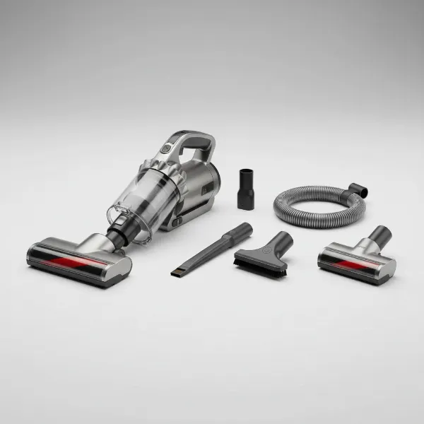 A handheld vacuum cleaner displayed with its full set of crevice tools, brush nozzles, and flexible hose attachments.