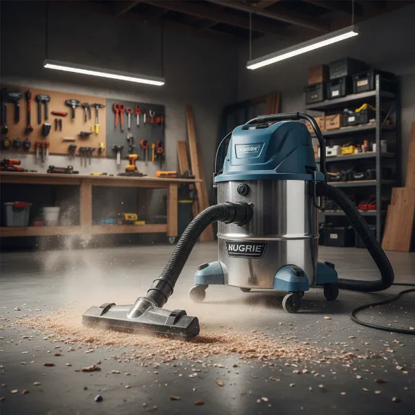 A powerful heavy-duty wet dry vacuum cleans a messy workshop floor with sawdust and debris.