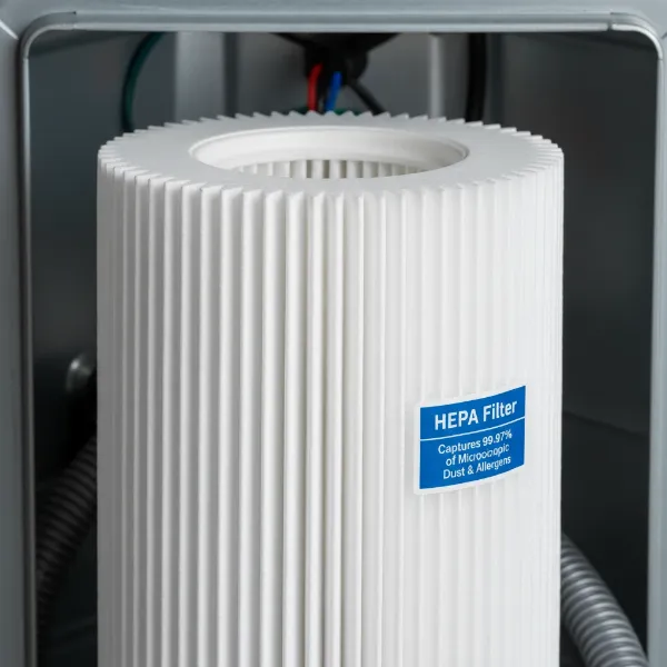 Close-up of a high-efficiency HEPA filter used in a central vacuum system for superior air quality.