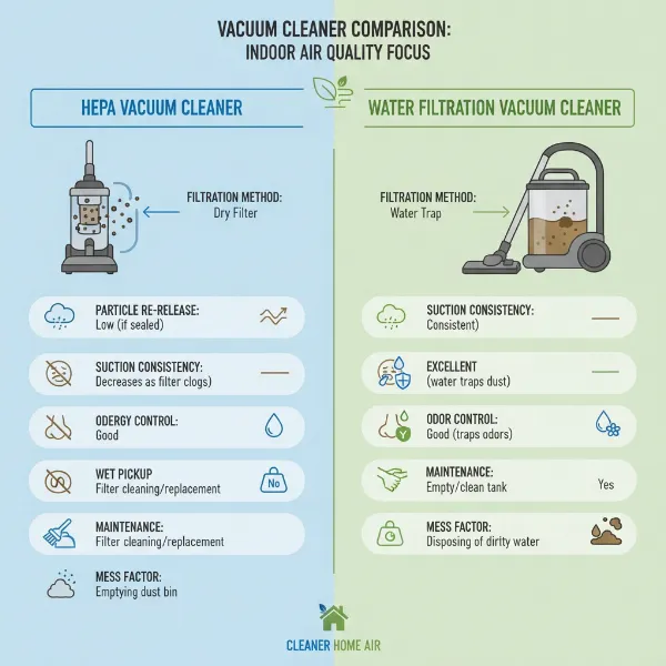 Infographic comparing features and benefits of HEPA and water filtration vacuum cleaners for home use.
