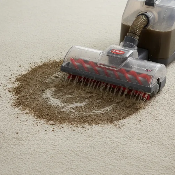 Hoover PowerDash carpet cleaner removing a pet stain from a light-colored carpet.