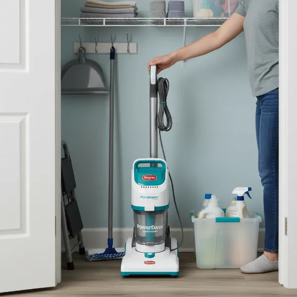 Lightweight Hoover PowerDash carpet cleaner being easily stored in a small closet.