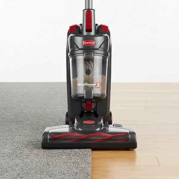 Hoover WindTunnel 3 High Performance upright vacuum cleaner on a mixed floor.