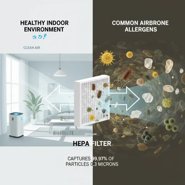 Healthy indoor environment with clear air, contrasting with common airborne allergens like pollen, dust, and pet dander.