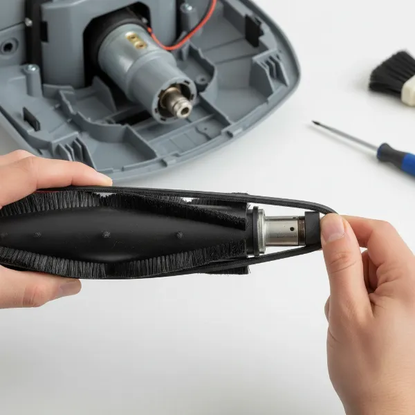 Hands carefully installing a new vacuum belt onto the brush roll and motor shaft of a vacuum cleaner