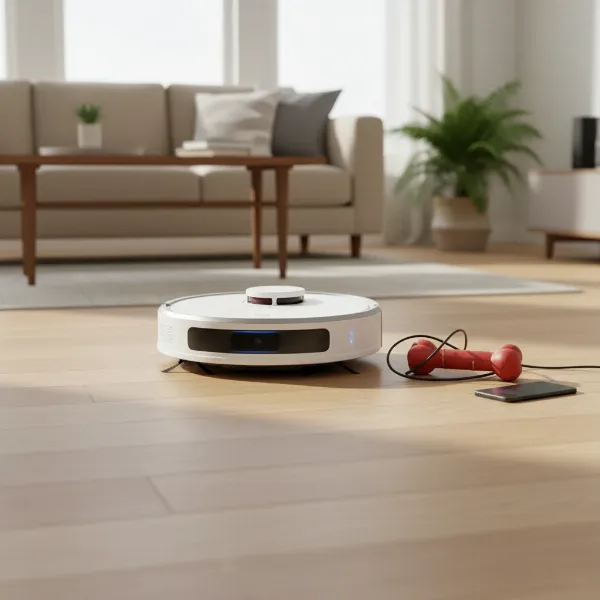 Samsung Jet Bot AI+ robot vacuum navigating around obstacles on a hard floor in a home.