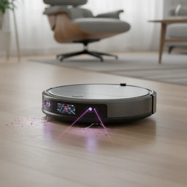 Robot vacuum employing laser technology to detect and target specific debris particles on a floor, demonstrating precise cleaning.