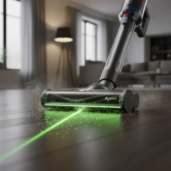 Dyson Gen5detect's Laser Slim Fluffy Optic head illuminating dust on a hard floor.
