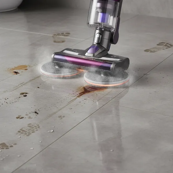 Close-up of LG CordZero A9 Power Drive Steam Mop attachment actively cleaning a hard floor with steam