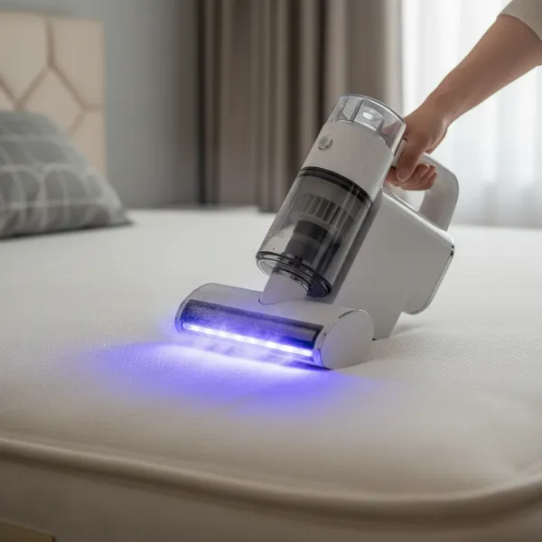 Handheld mattress vacuum with visible UV-C light sanitizing a bed, showing a clean process.