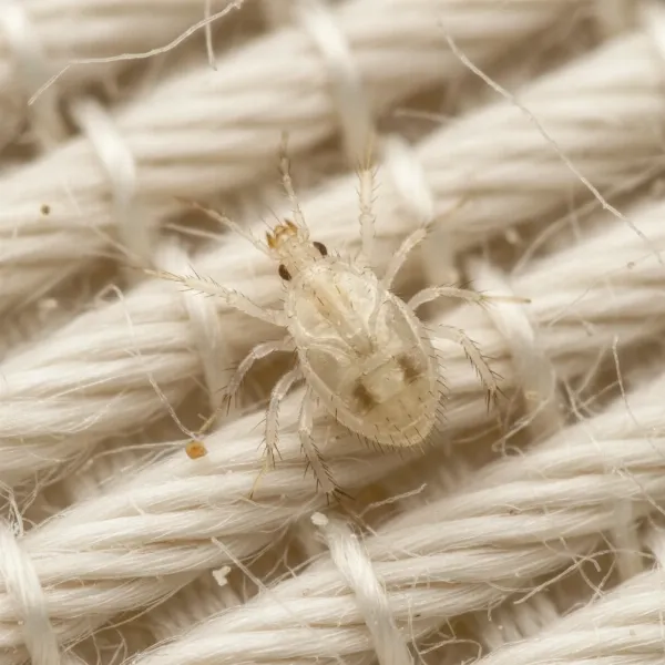 Close-up of a microscopic dust mite on mattress fibers, emphasizing its tiny size and habitat.