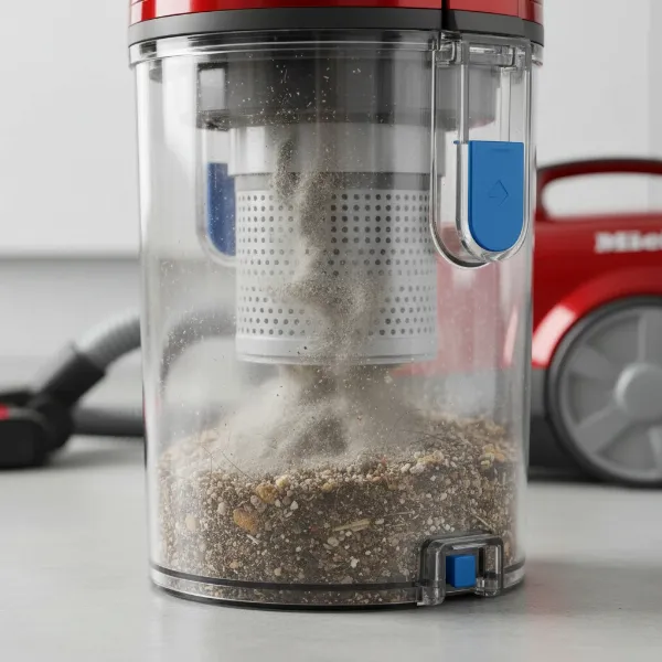 Transparent dust bin of Miele Blizzard CX1 vacuum, showing separated coarse dirt and fine dust.