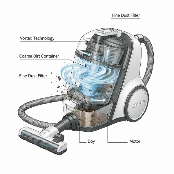 Miele Blizzard CX1 vacuum cleaner showcasing powerful Vortex Technology for dust separation.