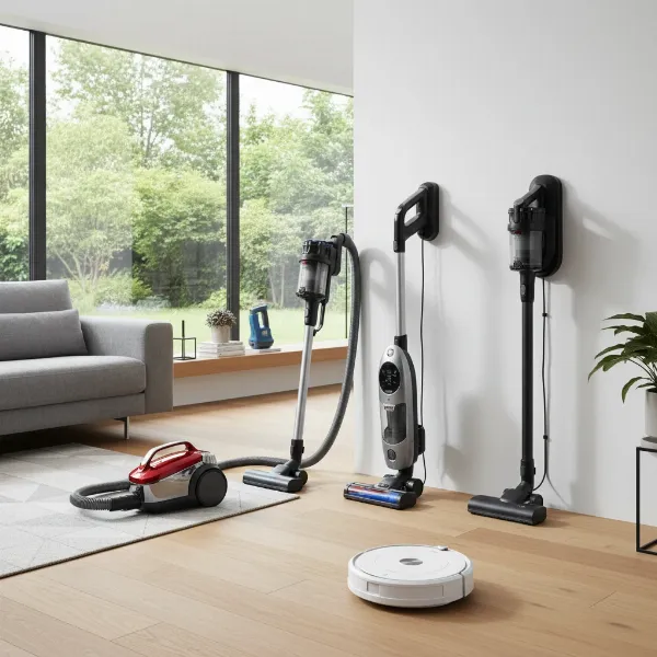 Collection of different modern vacuum cleaner types, including upright, stick, robot, canister, and handheld.