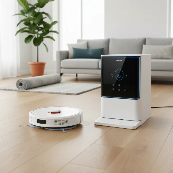 Narwal Freo robot vacuum and mop with intelligent base station in a modern home.
