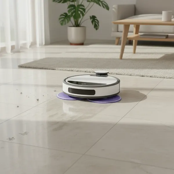 Narwal Freo robot actively mopping a hard floor, showing its oscillating mop pads at work.