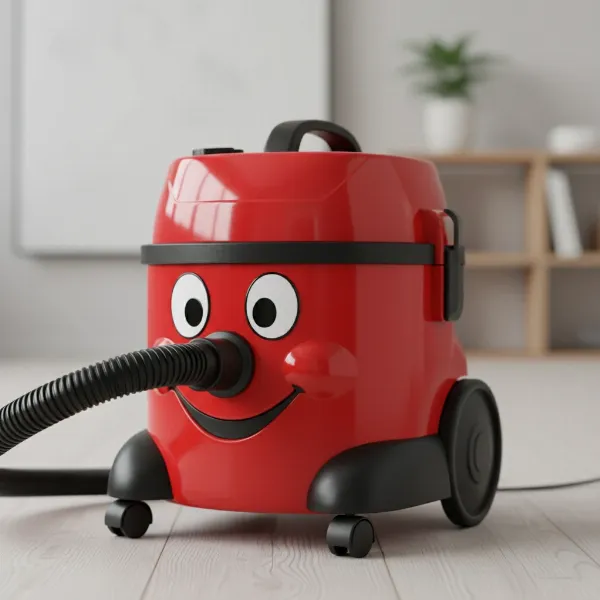 Close-up of Numatic Henry Hoover's iconic red casing and friendly smiling face.