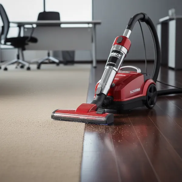 Oreck XL2100RHS vacuum cleaning half carpet and half hardwood floor demonstrating versatility.