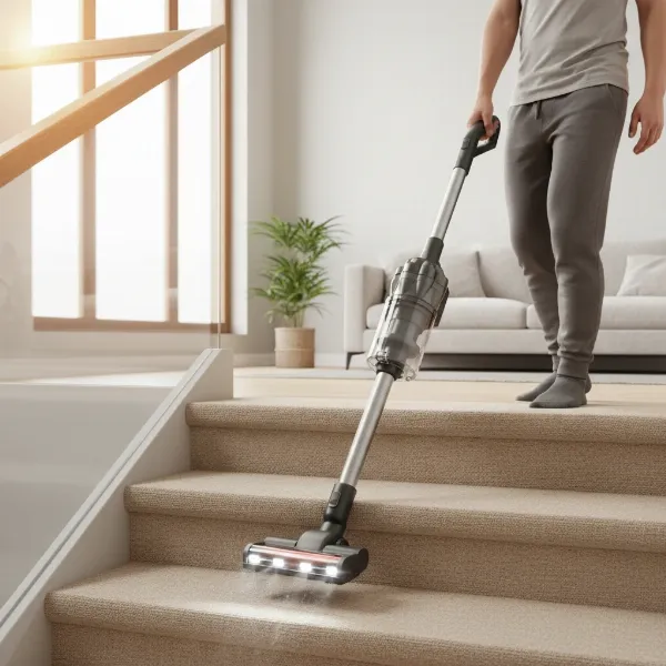 A person effectively cleaning carpeted stairs using a lightweight, cordless stick vacuum.