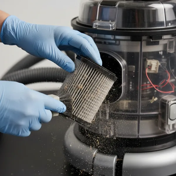 A person's hands cleaning a vacuum cleaner filter, emphasizing maintenance.